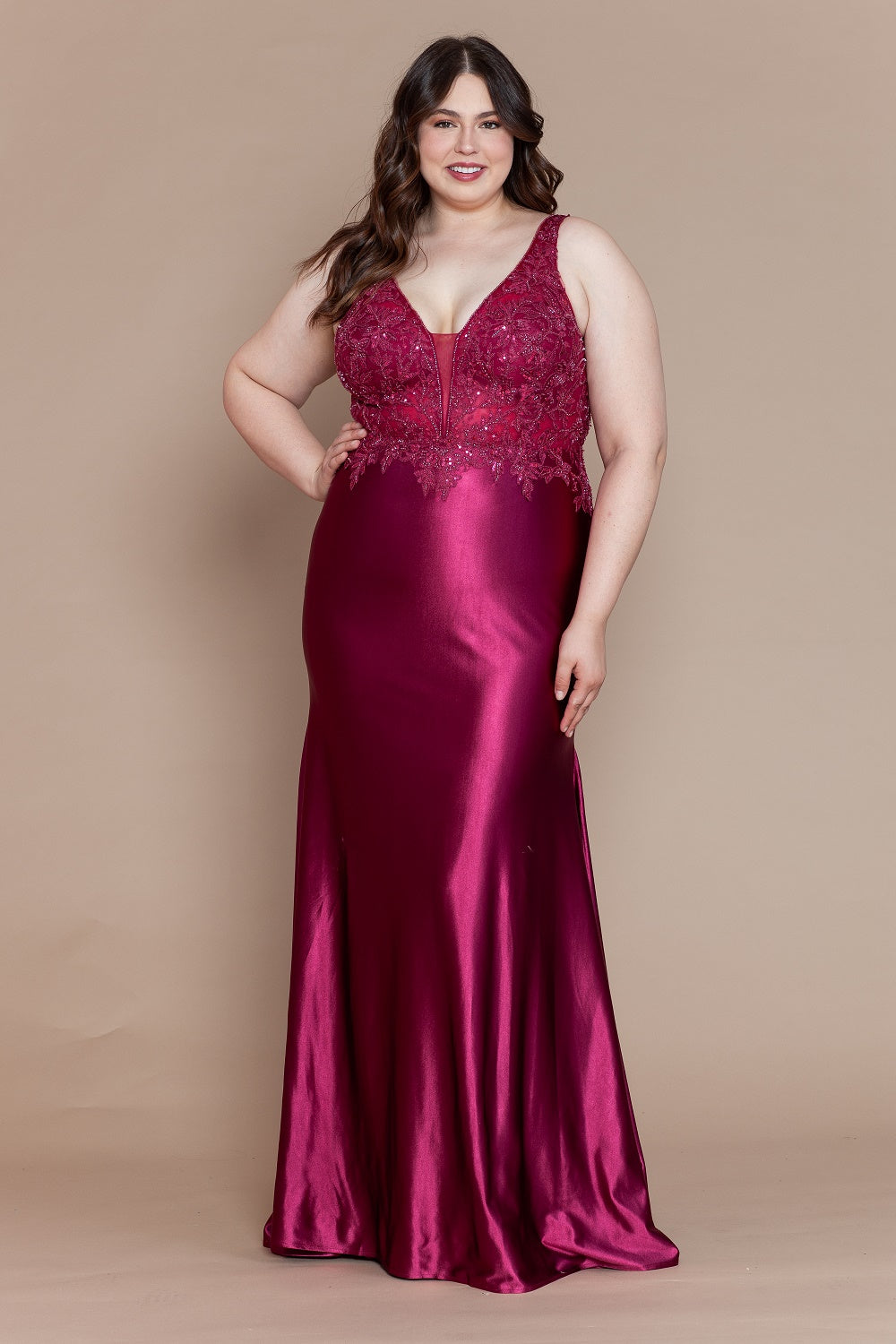 LUCCI CURVE Plus Size Embroidered V-Neck Prom Gown with Beaded Embellishments, Sleeveless Design. Brisbane to Gold Coast.