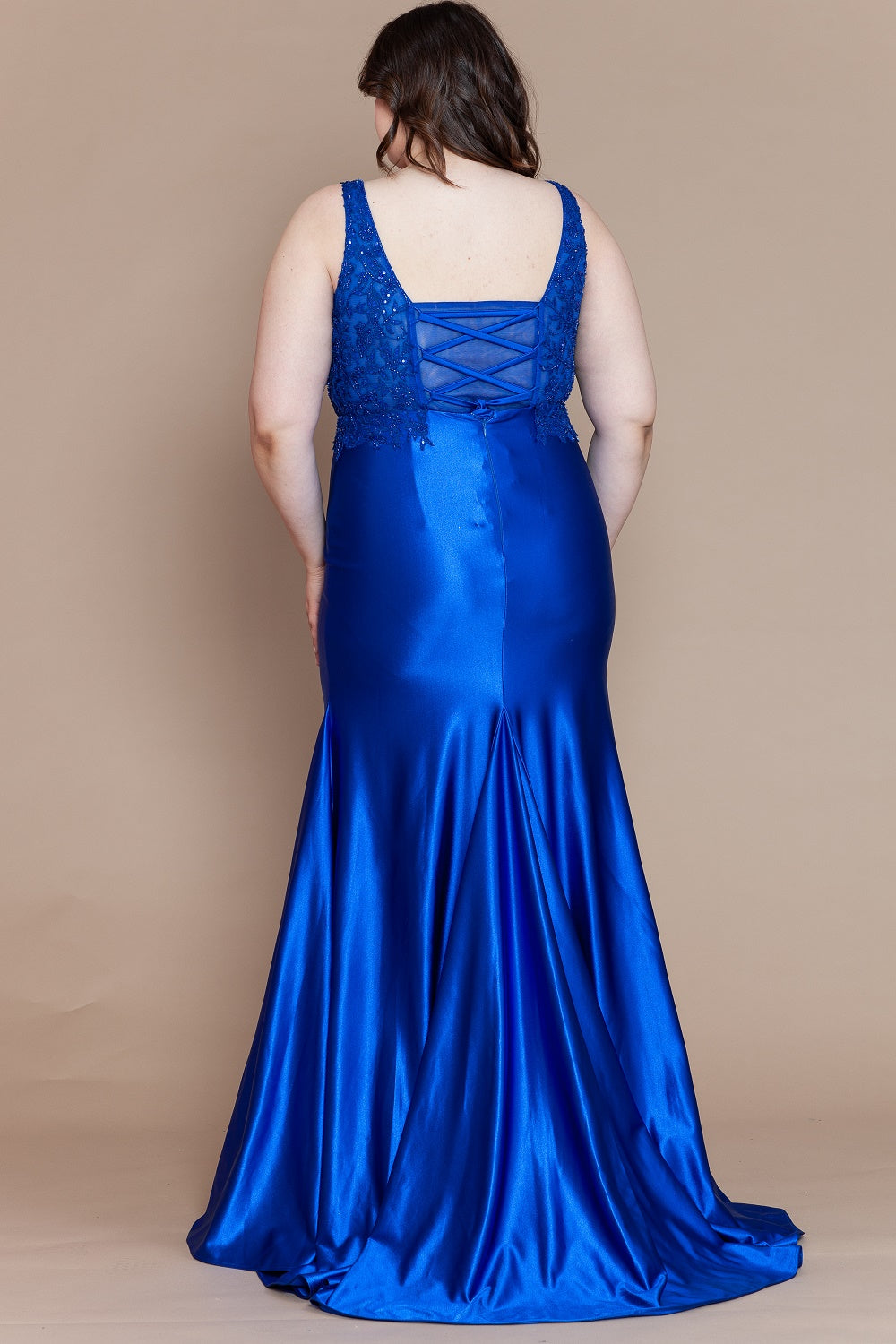 LUCCI CURVE Plus Size Embroidered V-Neck prom gown with lace-up back, school formal dress. Brisbane to Gold Coast.