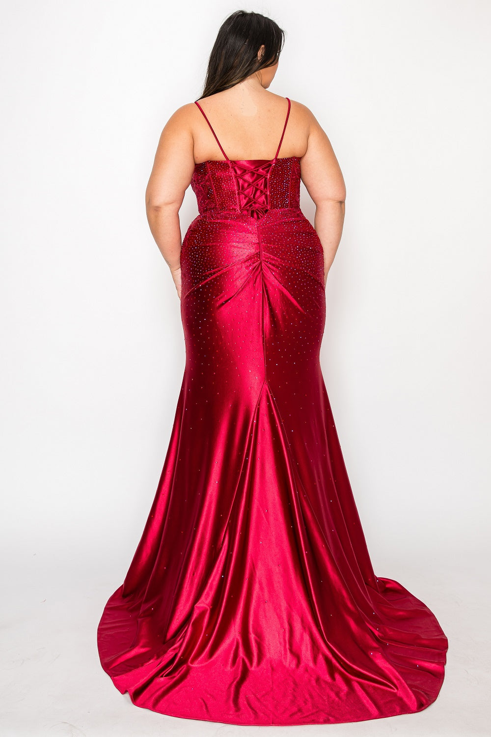 KAYLEIE CURVE Plus Size Satin Prom Gown with Rhinestone Beading, Scoop Neck, Sleeveless Design. Perfect for School Formals, Brisbane to Gold Coast.
