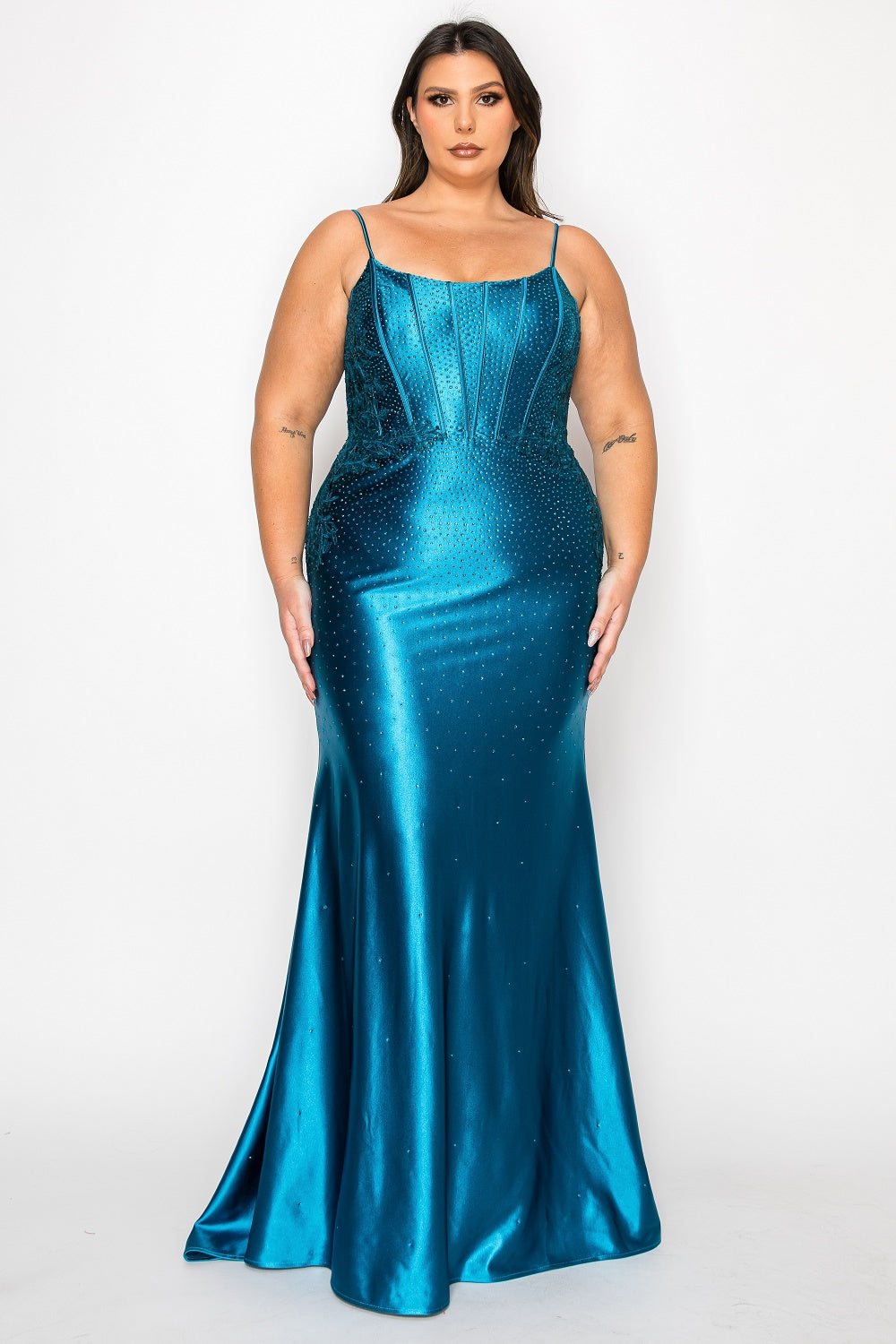 KAYLEIE Curve Plus Size Beaded Satin Prom & Formal Dress with rhinestone embellishments, sleeveless prom gown. Brisbane to Gold Coast.