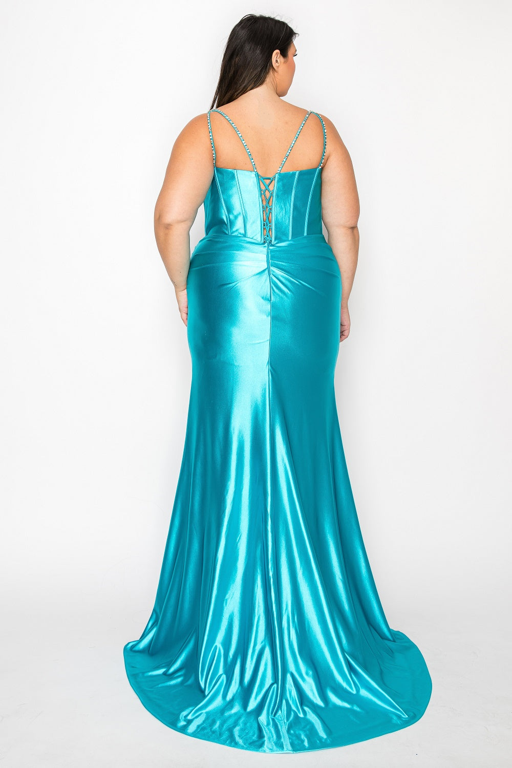 LYN Curve Plus Size teal satin prom gown with beaded straps, featuring a corset back, flowing from Brisbane to Gold Coast.