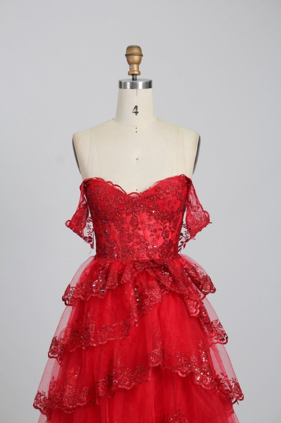 Honey Couture NATASHA off-shoulder red layered tulle ball gown, prom dress by Australian designer, affordable evening gown.