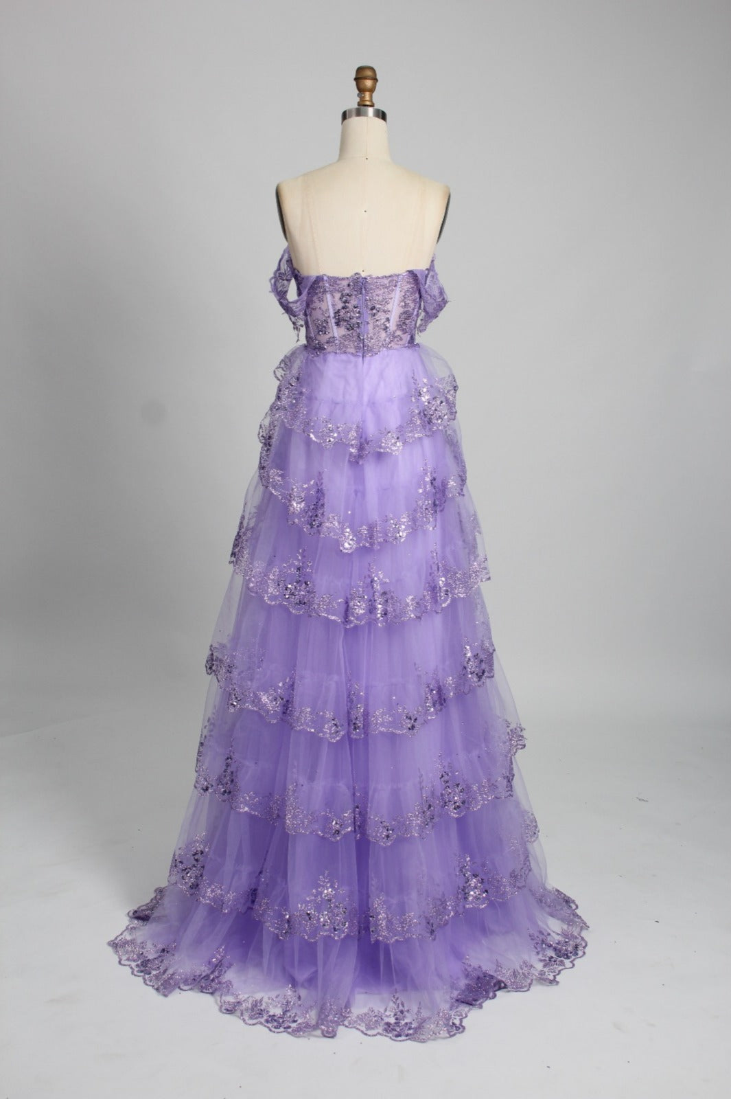 Back view of Honey Couture NATASHA Off Shoulder Layered Tulle Ball Gown in lavender, perfect for prom, evening events by Australian designer.