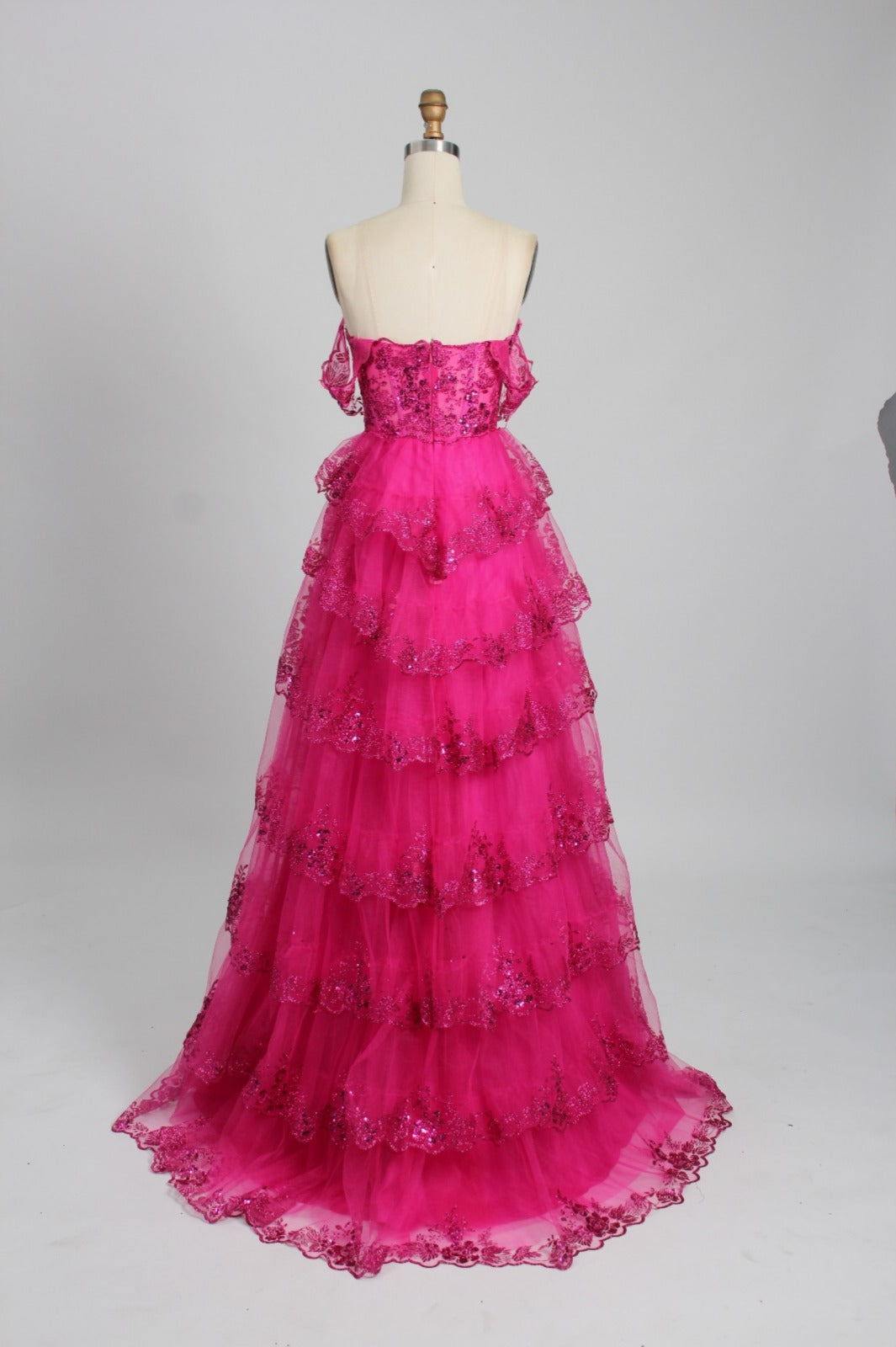 Rear view of Honey Couture NATASHA Off Shoulder Layered Tulle Ball Gown in pink, Australian Designer, Prom Dresses, affordable evening gown.