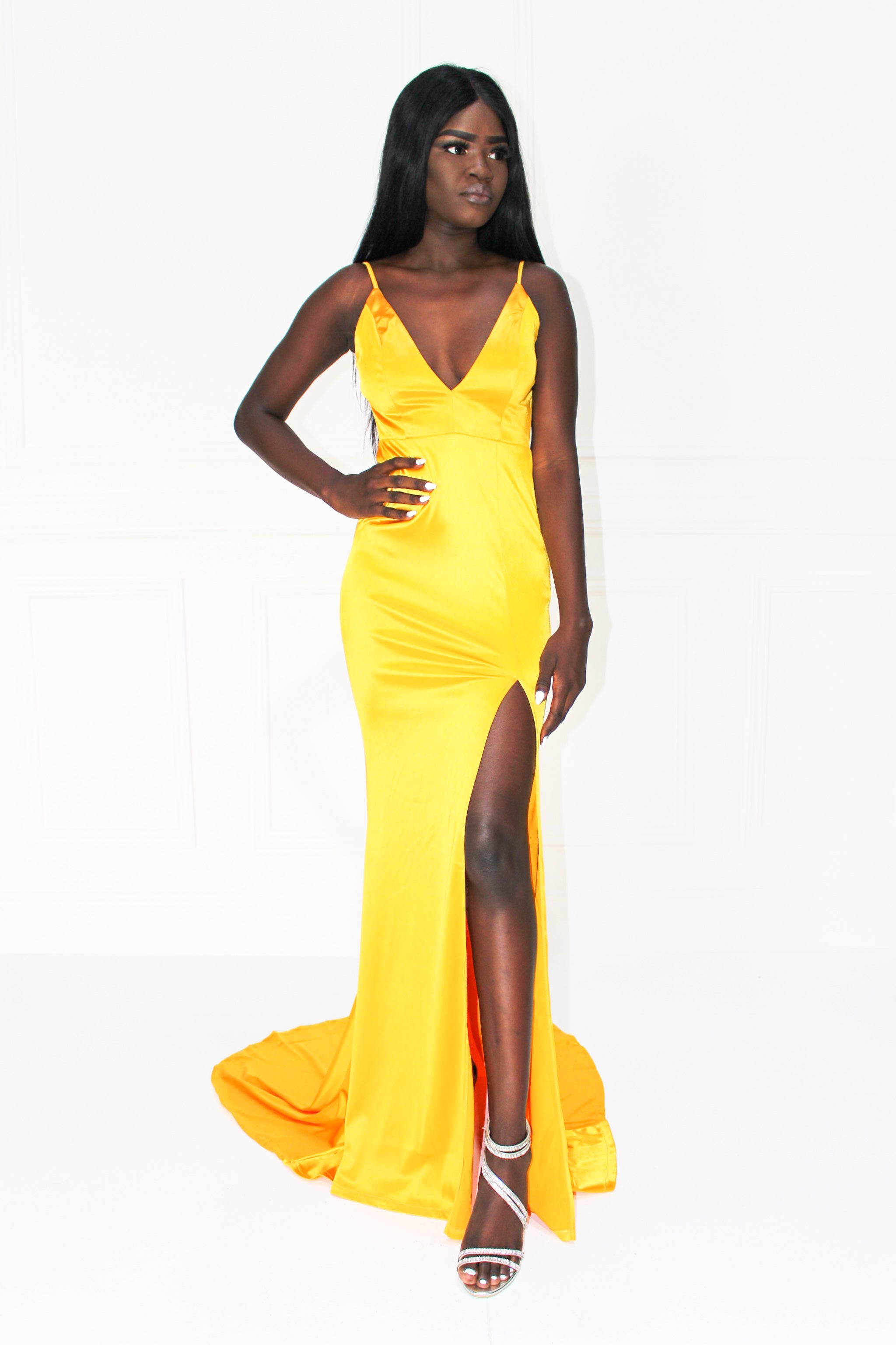 Model wearing yellow Honey Couture MILEE low back mermaid evening gown with leg split, Australian designer prom dress.