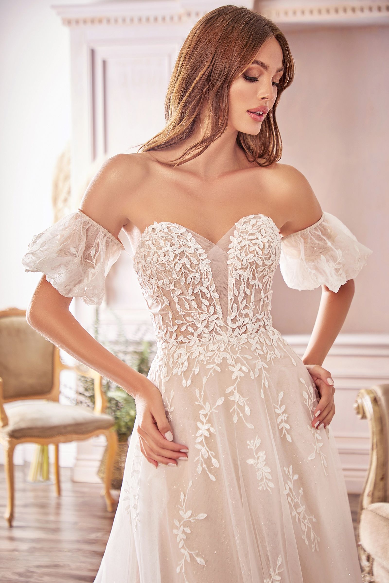 Divinity Bridal STELLA Boho Lace Flower Applique Tulle Ball Gown, elegant affordable wedding dress with detachable puff sleeves.