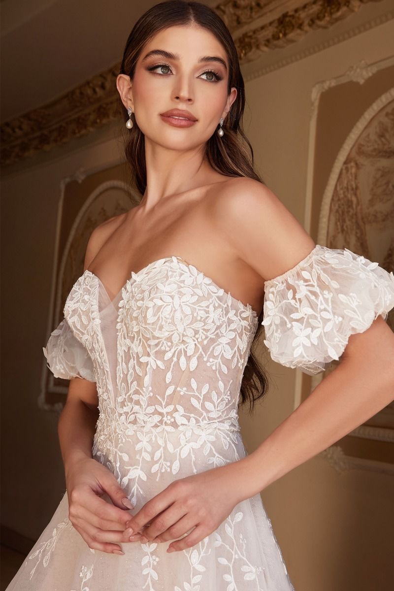 Divinity Bridal STELLA Boho Lace Flower Applique Tulle Ball Gown, affordable bridal wedding dress with puff sleeves and lace details.