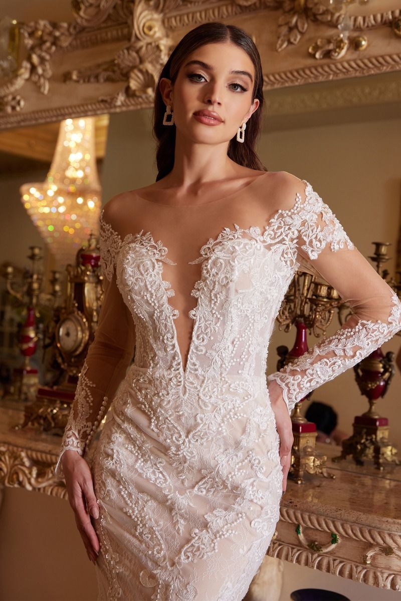 Divinity Bridal FREYA bohemian sheer lace wedding dress, affordable bridal gown, featuring a V front and heart-shaped back detail.