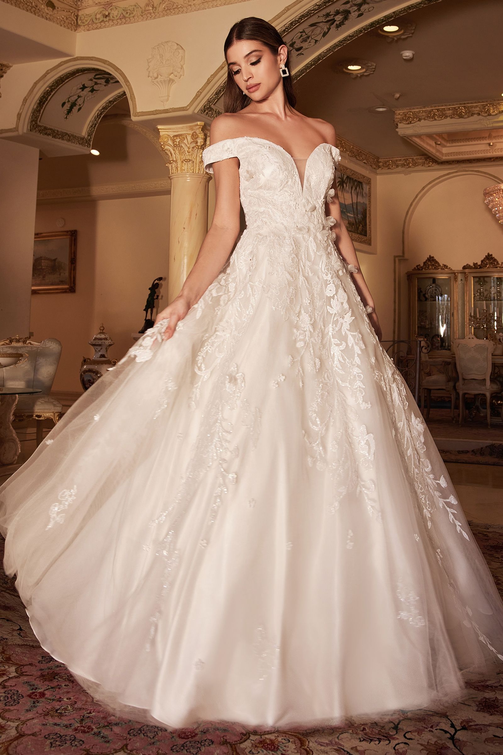 Divinity Bridal COSIMA Floral Layered Tulle Glitter Wedding Dress, affordable bridal gown in Peony White, off-shoulder style.