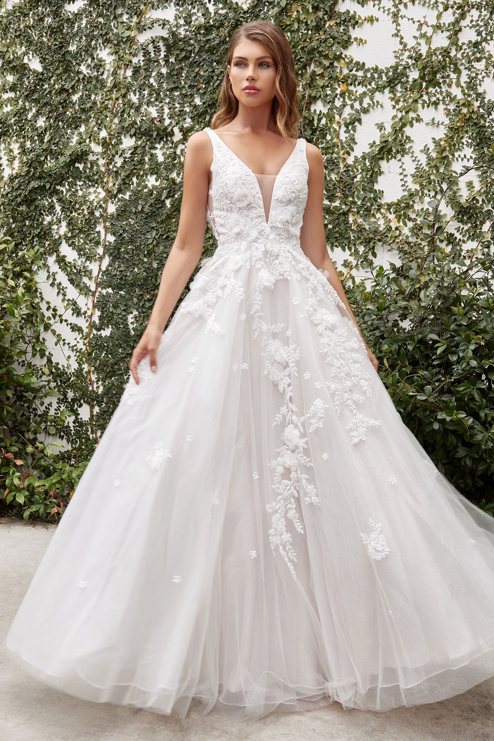 Divinity Bridal ISOLDE V Front 3D Floral Tulle Ball Gown Wedding Dress, affordable bridal gown with floral embellishments.