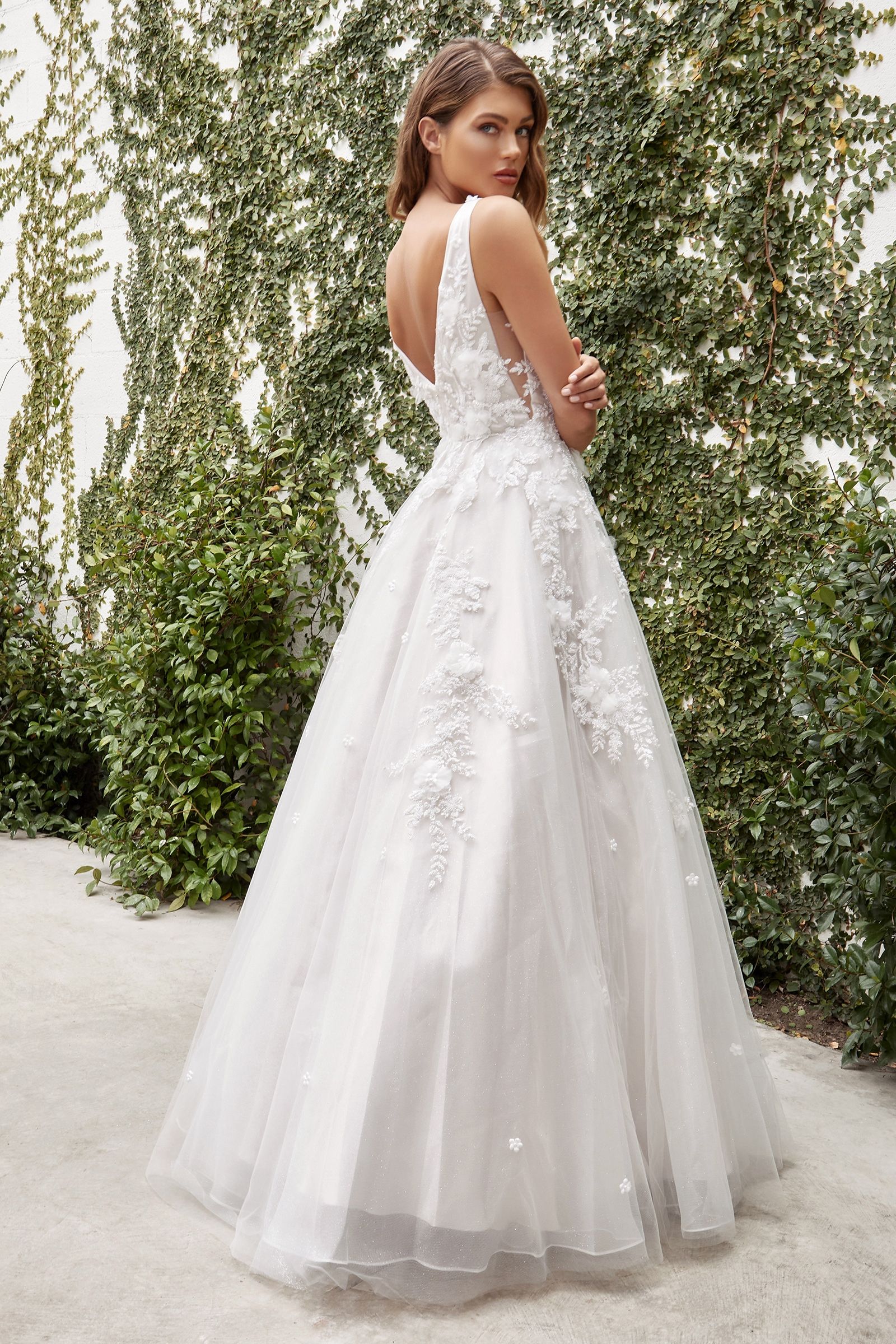 Divinity Bridal ISOLDE V Front 3D Floral Tulle Ball Gown Wedding Dress - Affordable bridal gown in lush garden setting
