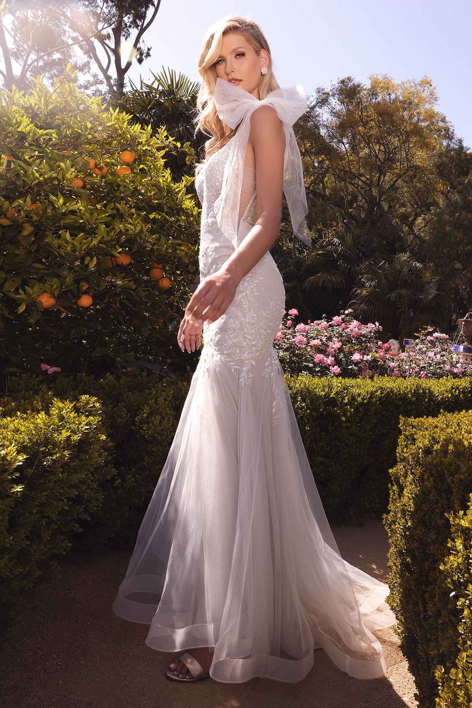 Divinity Bridal HAMDA Off White Ivy Lace Embroidered Mermaid Wedding Dress, affordable bridal elegance in garden setting.