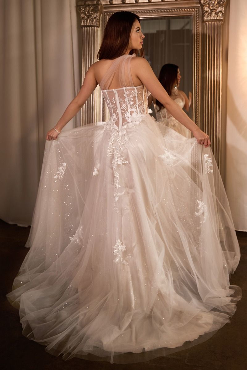 Honey Couture LUCIA Off White Sheer Bustier Corset Tulle Formal Gown