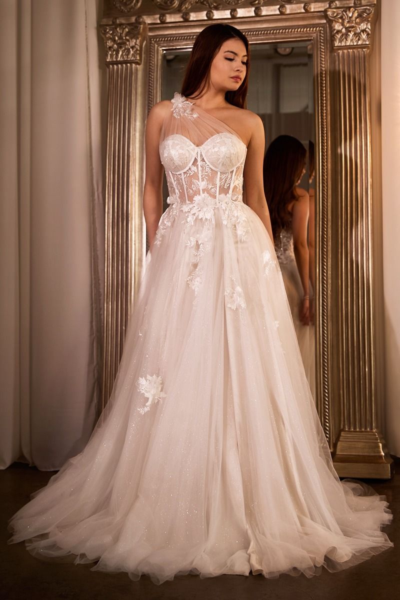 Honey Couture LUCIA Off White Sheer Bustier Corset Tulle Formal Gown