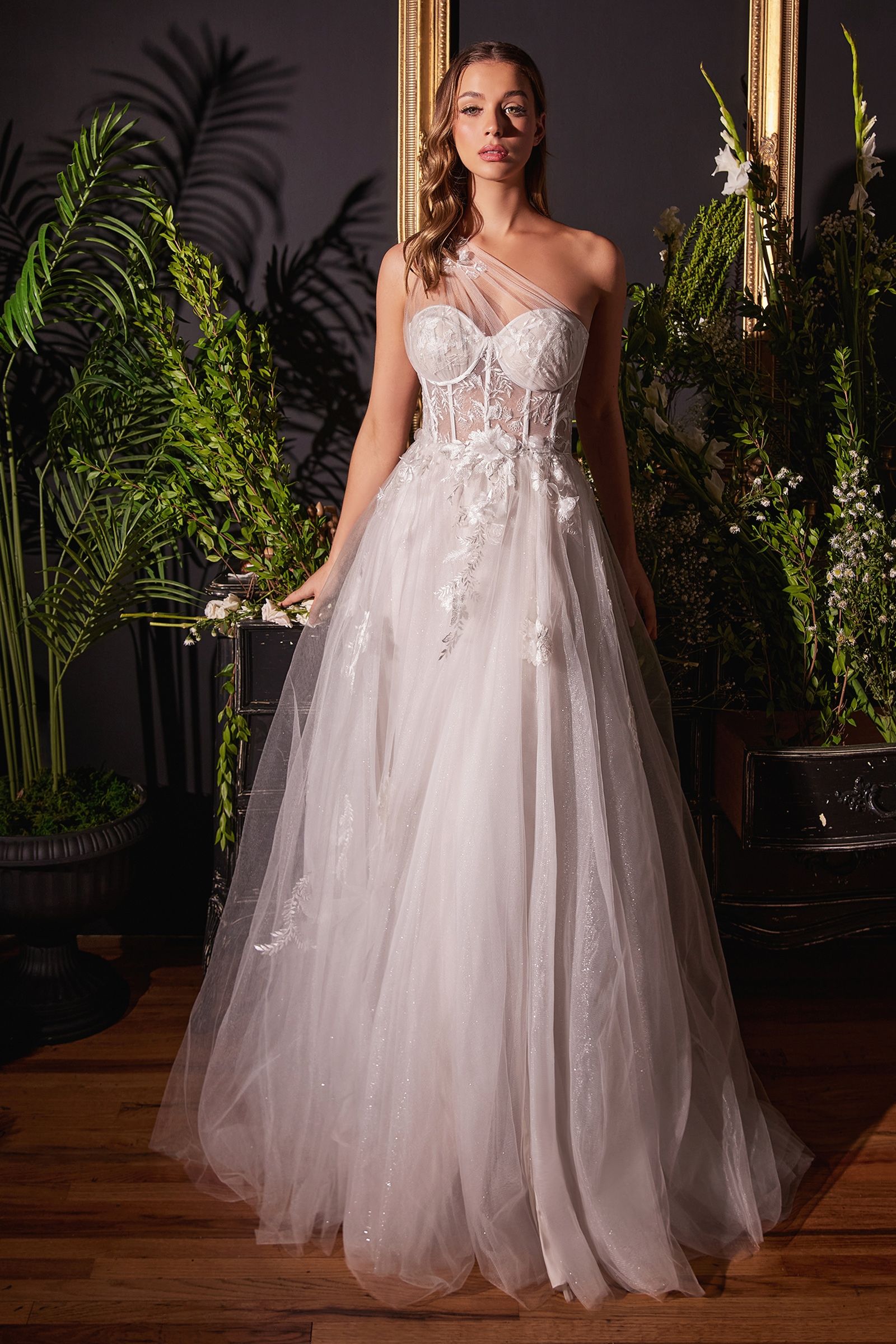 Honey Couture LUCIA Off White Sheer Bustier Corset Tulle Formal Gown