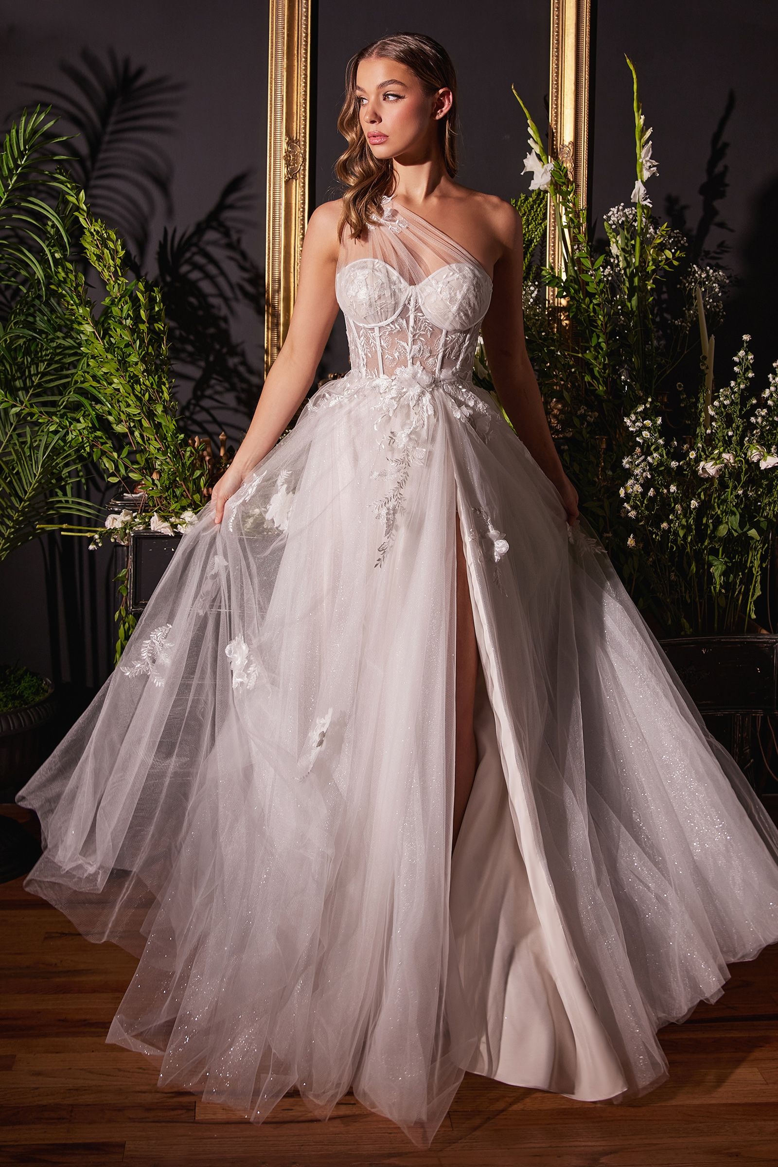 Honey Couture LUCIA Off White Sheer Bustier Corset Tulle Formal Gown