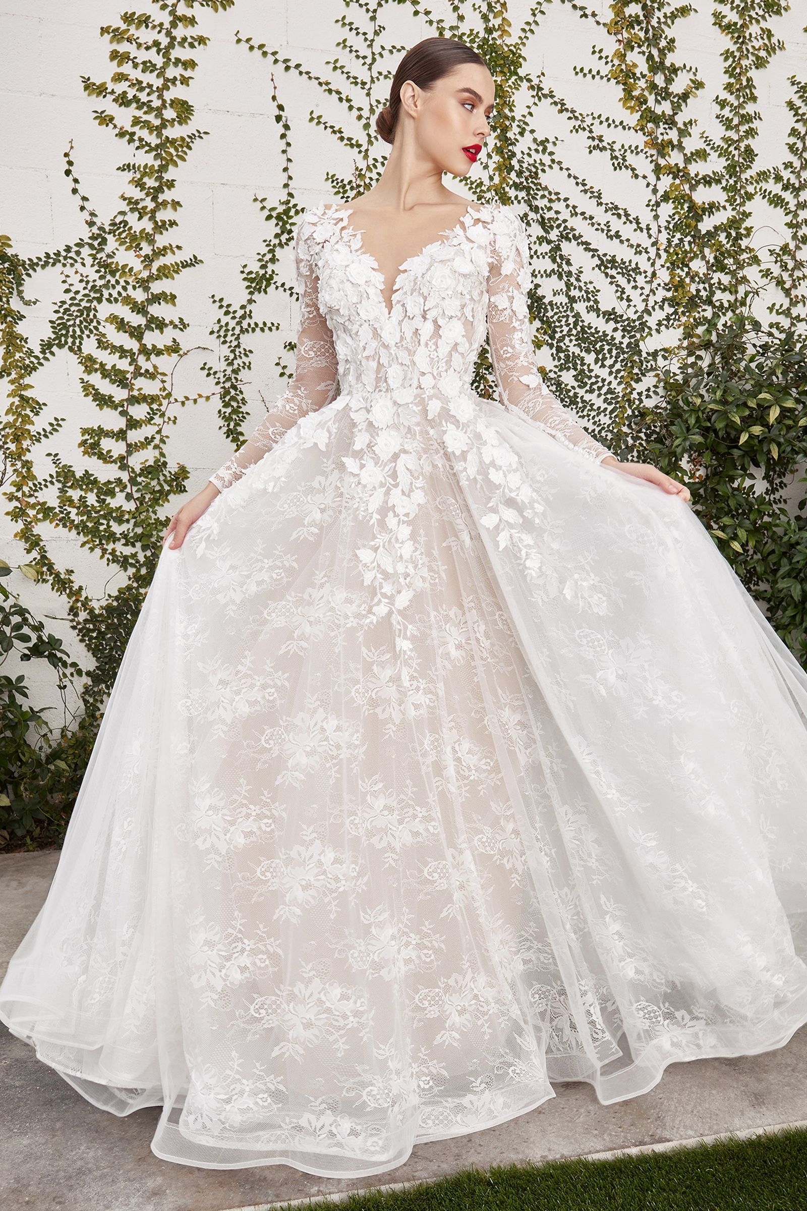 KATHRYN floral applique A-line ball gown wedding dress with 3D floral vines, V-neckline, and sheer sleeves. Affordable bridal option.