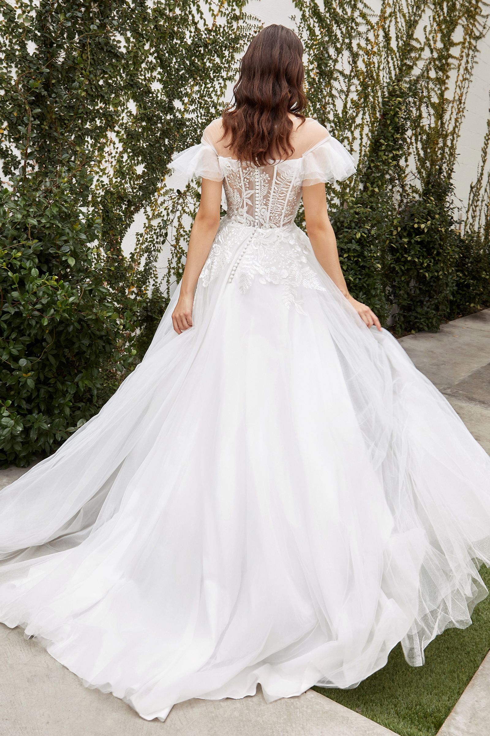Divinity Bridal ELENI Cap Sleeve White Tulle Wedding Dress, affordable bridal gown showcasing sheer boned corset and romantic design.