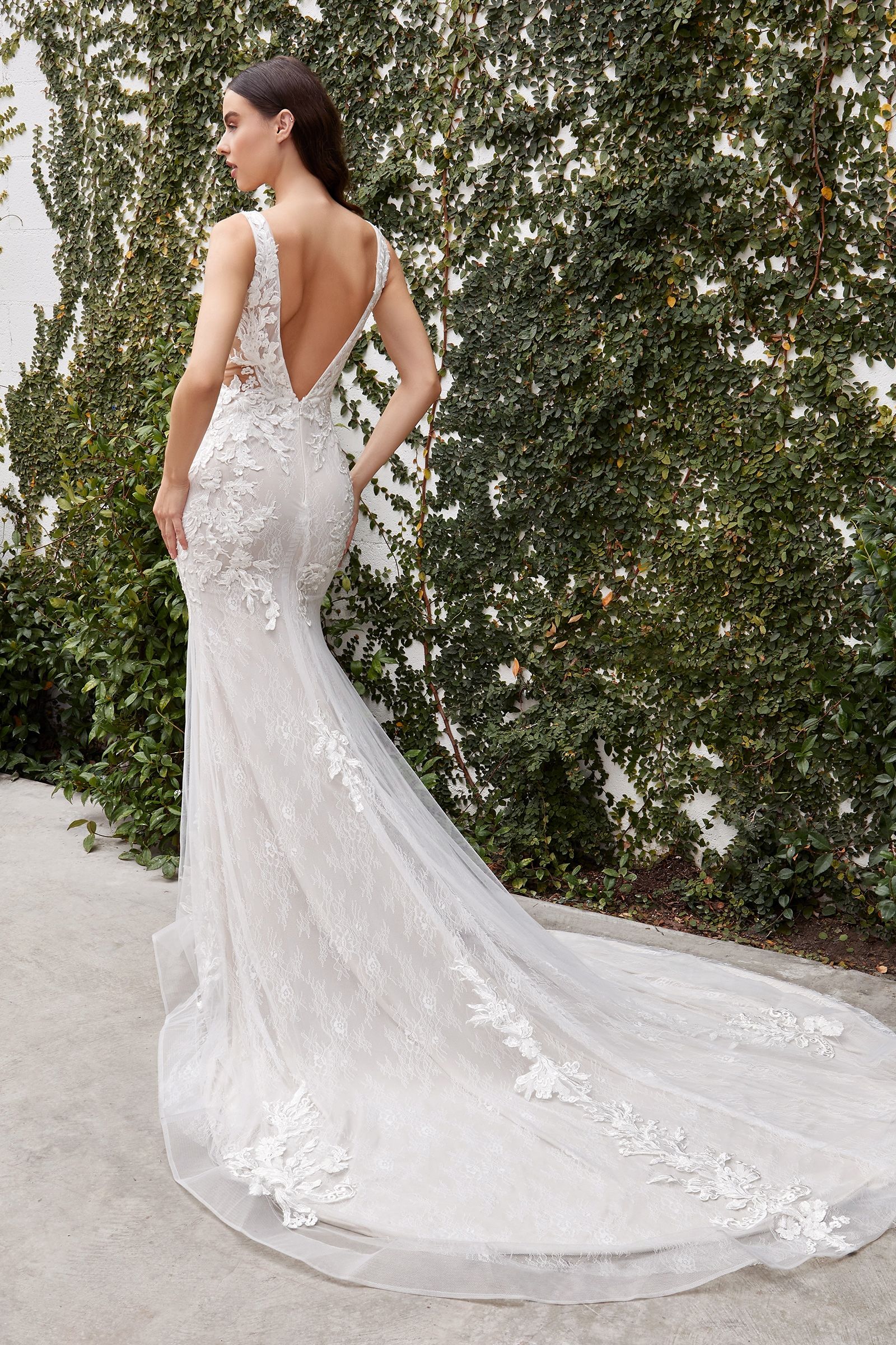 Divinity Bridal FIORELLA Boho Lace Low Back Mermaid Train Wedding Dress, affordable bridal gown with floral lace applique.