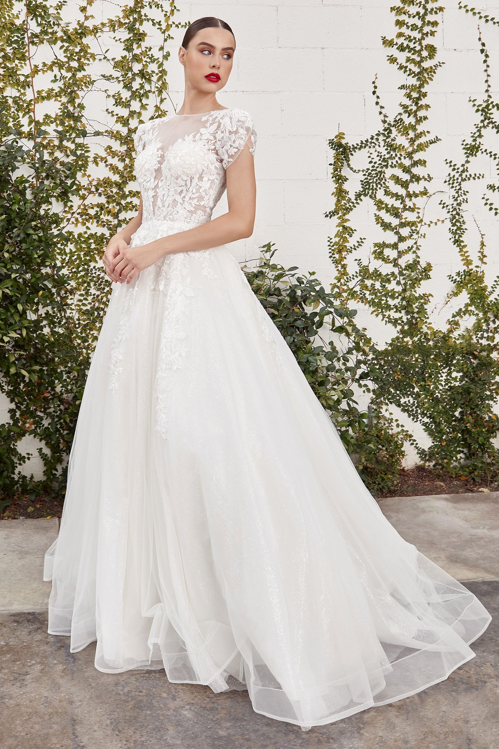 Divinity Bridal ISOLDE Cap Sleeve Lace Applique Ball Gown Wedding Dress, affordable bridal elegance with lace applique, Australia.