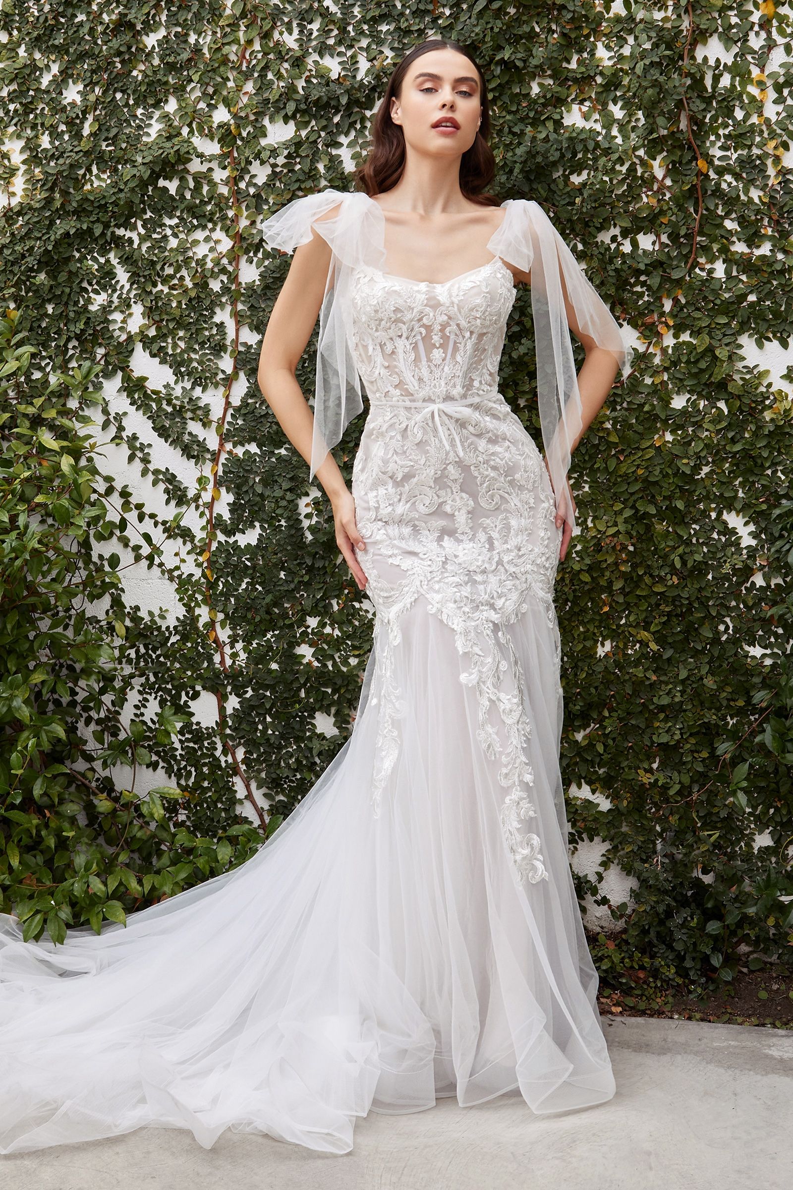 Divinity Bridal BEATRICE Boned Bodice Lace Mermaid Wedding Dress, affordable bridal gown with detachable straps.