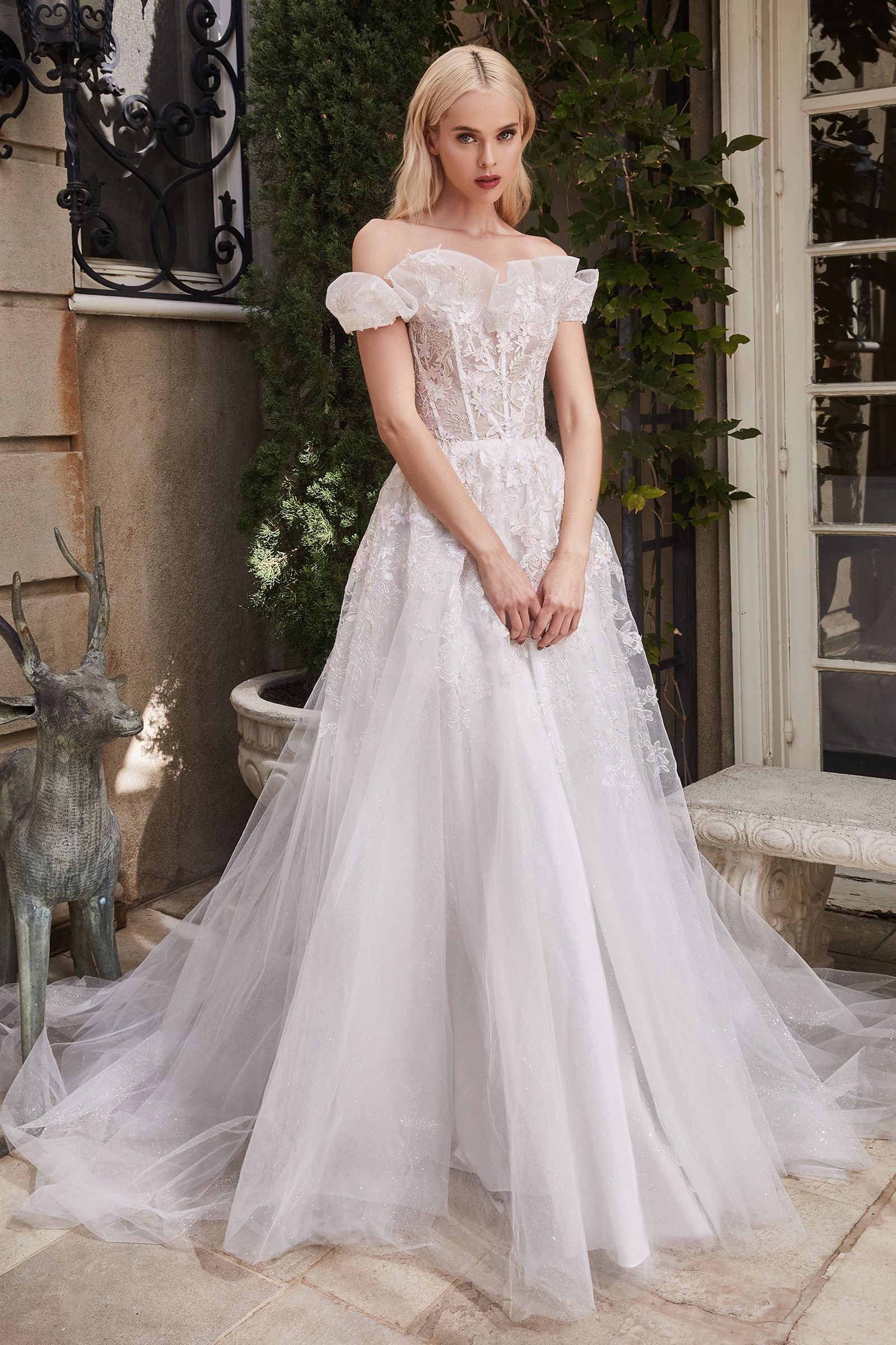 Divinity Bridal AMALIA off-shoulder A-line wedding dress, structured bodice. Elegant affordable bridal gown, Australia.