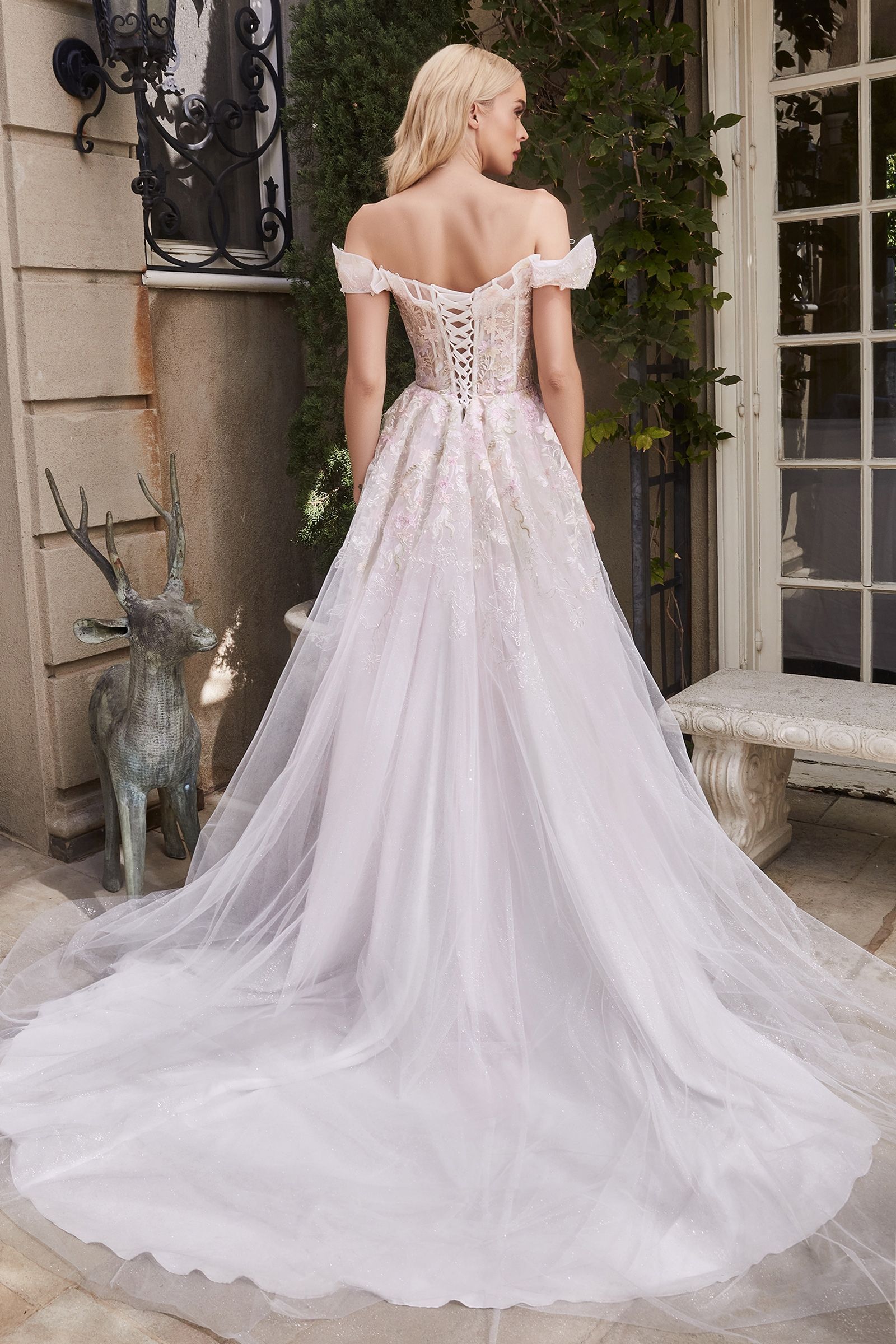 Elegant back view of Divinity Bridal AMALIA Structured Bodice Off Shoulder A Line Wedding Dress. Affordable bridal gown in light lace.