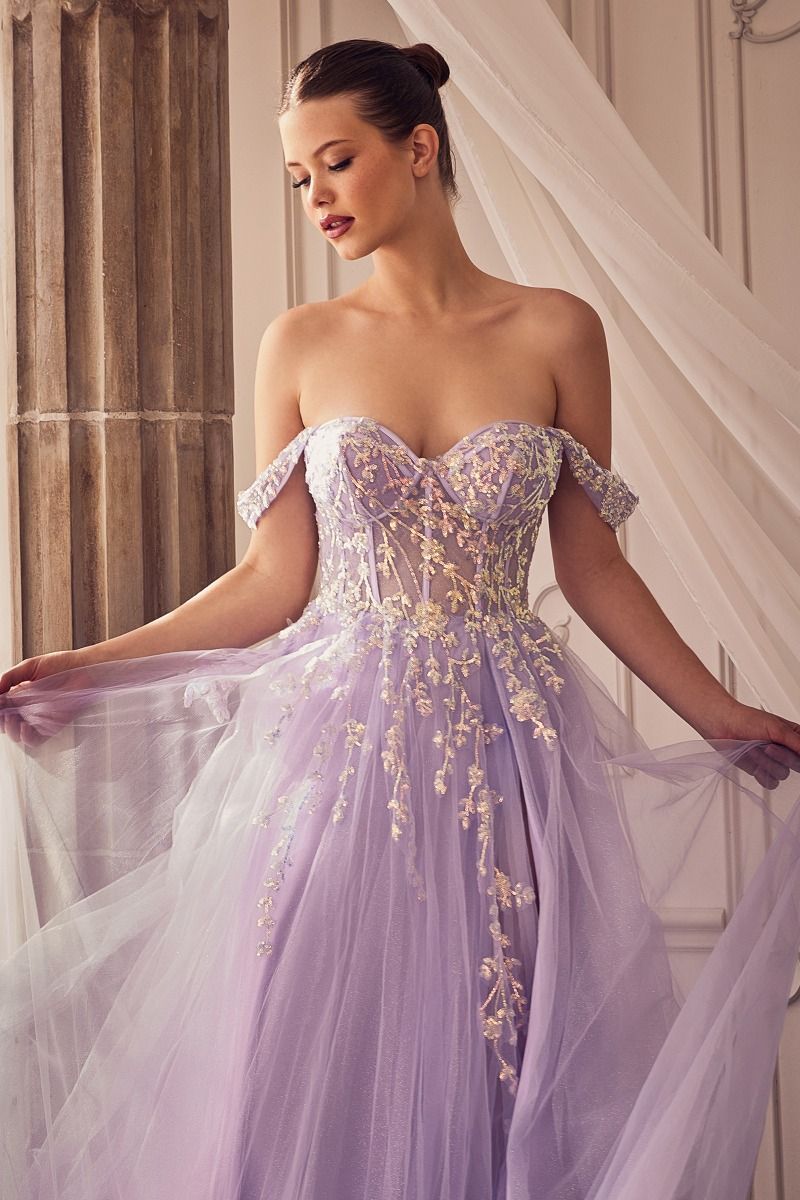 Honey Couture ENOLA Lavender Tulle Off the Shoulder Ballgown Formal Dress
