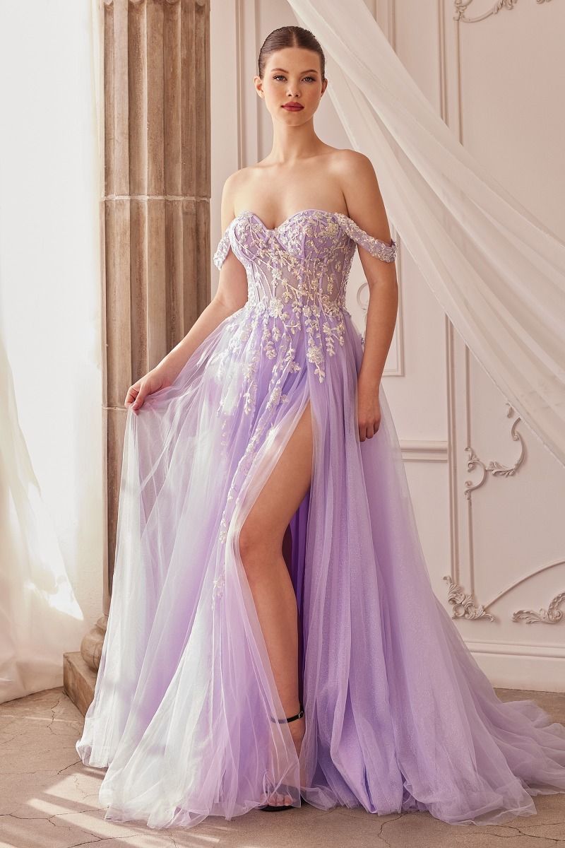 Honey Couture ENOLA Lavender Tulle Off the Shoulder Ballgown Formal Dress