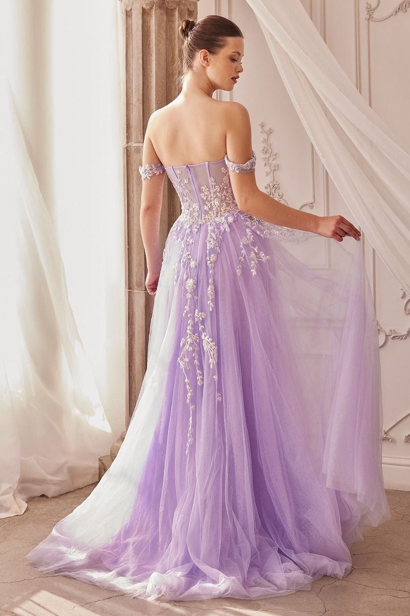 ENOLA Off the Shoulder Romantic Ballgown with lace appliqués and sheer bodice, formal dress. Brisbane to Gold Coast, Australia.