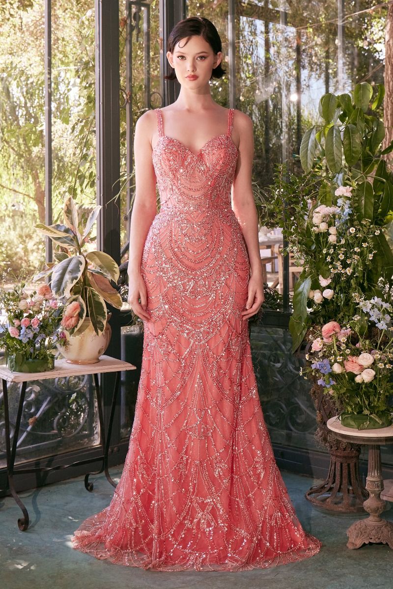 CELINA Beaded sweetheart neckline mermaid dress in coral, perfect for prom or formal events. Glamorous style from Brisbane to Gold Coast.