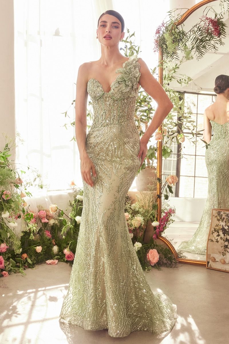 KEIR One Shoulder Embellished Floral Applique Prom Evening Gown