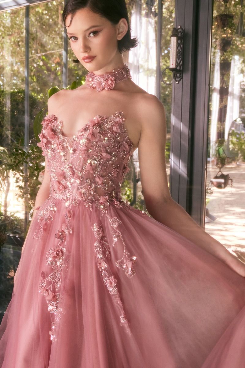 Strapless pink prom dress with floral lace applique and tulle skirt. Elegant formal gown for special occasions. Brisbane to Gold Coast.
