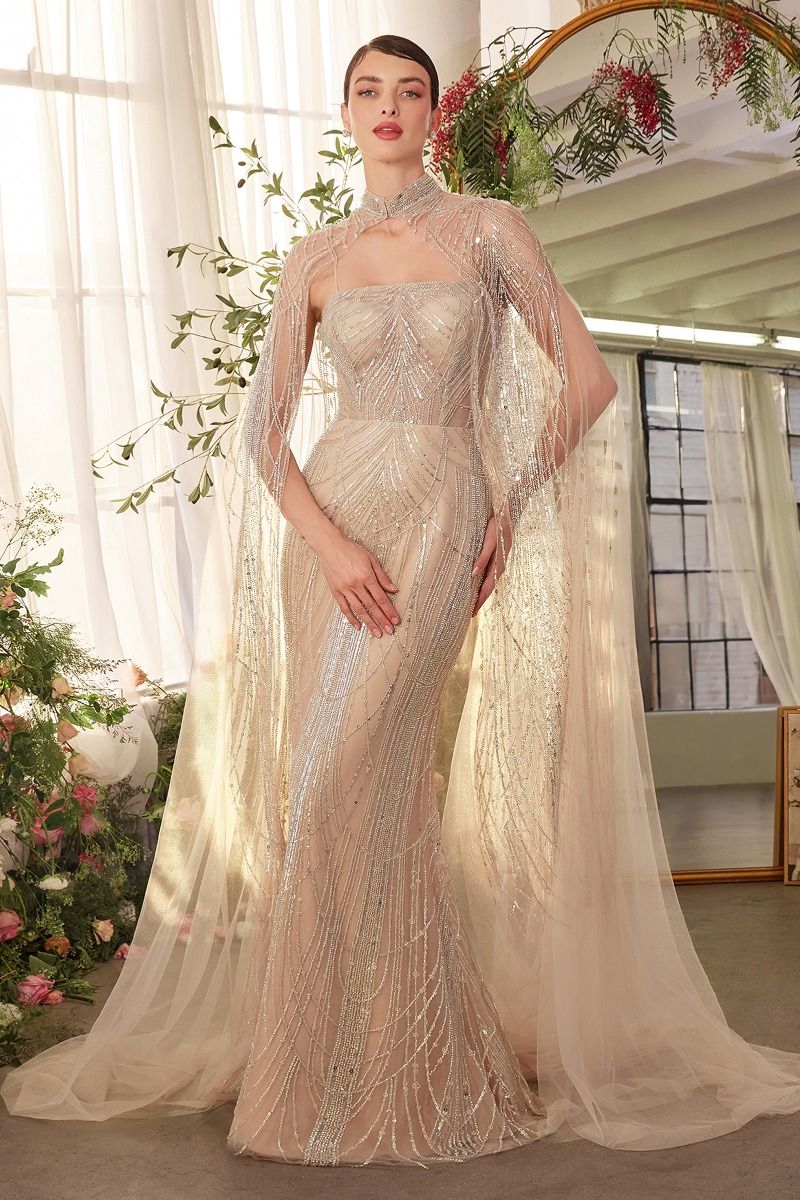 ARLETA Champagne Beaded Gown & Cape - Glamorous Elegance | One Honey ARLETA Champagne Beaded Gown & Cape - Glamorous Elegance | One Honey