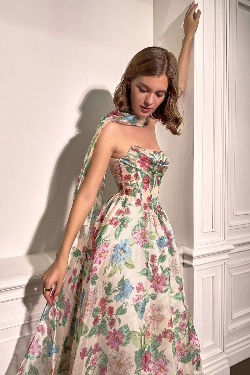 OLYA Floral A Line Corset Bodice Prom & Formal Dress