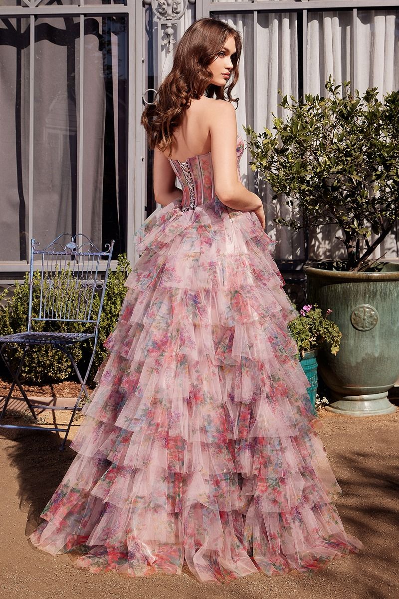 VALYA Strapless Print Ruffle Corset Prom & Formal Dress in Australia | One Honey Boutique