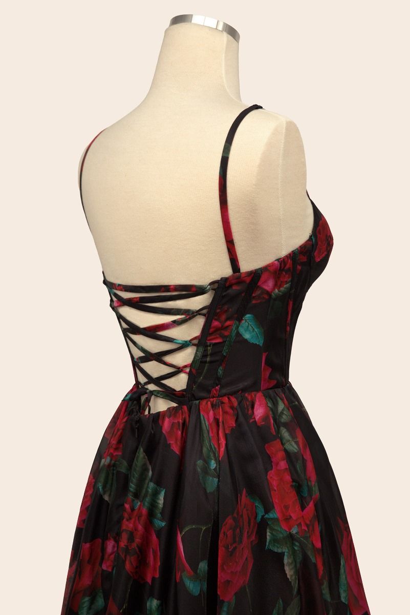 ROSALIN Roses Pattern Dress with lace-up back and floral print, A-line prom dress, Brisbane to Gold Coast