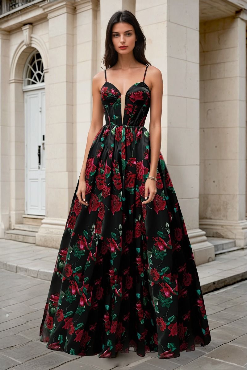 ROSALIN Roses Pattern Corset Lace Up A Line Prom Dress with plunging neckline and floral print, Brisbane to Gold Coast, Australia.