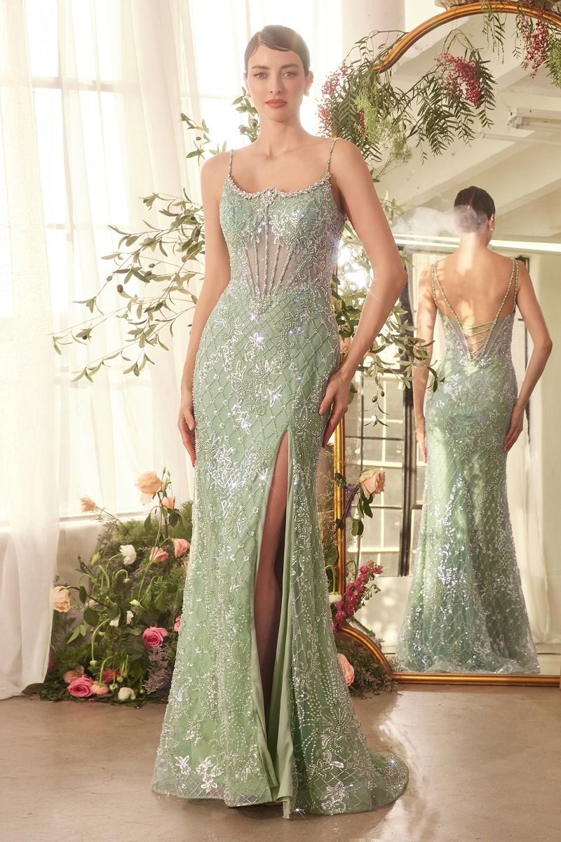 glass beaded dress Long Ombre-Beaded Prom Dress with Feathers main image 0