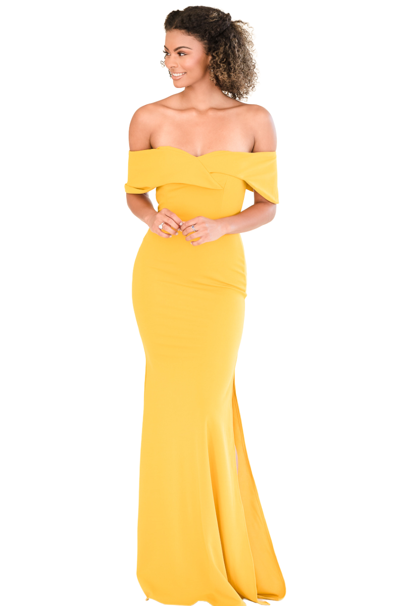 AMANDA Off-Shoulder Yellow Mermaid Bridesmaid Dress with Sweetheart Neckline and Slit, Brisbane to Gold Coast, Australia
