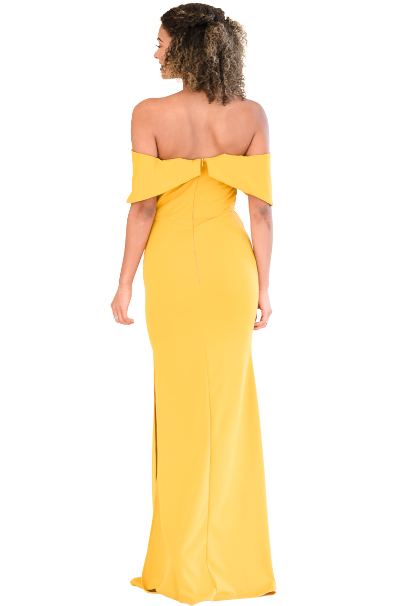 AMANDA off-shoulder mermaid dress in yellow with sweetheart neckline and tailored waist. Bridesmaid dress from Brisbane to Gold Coast.