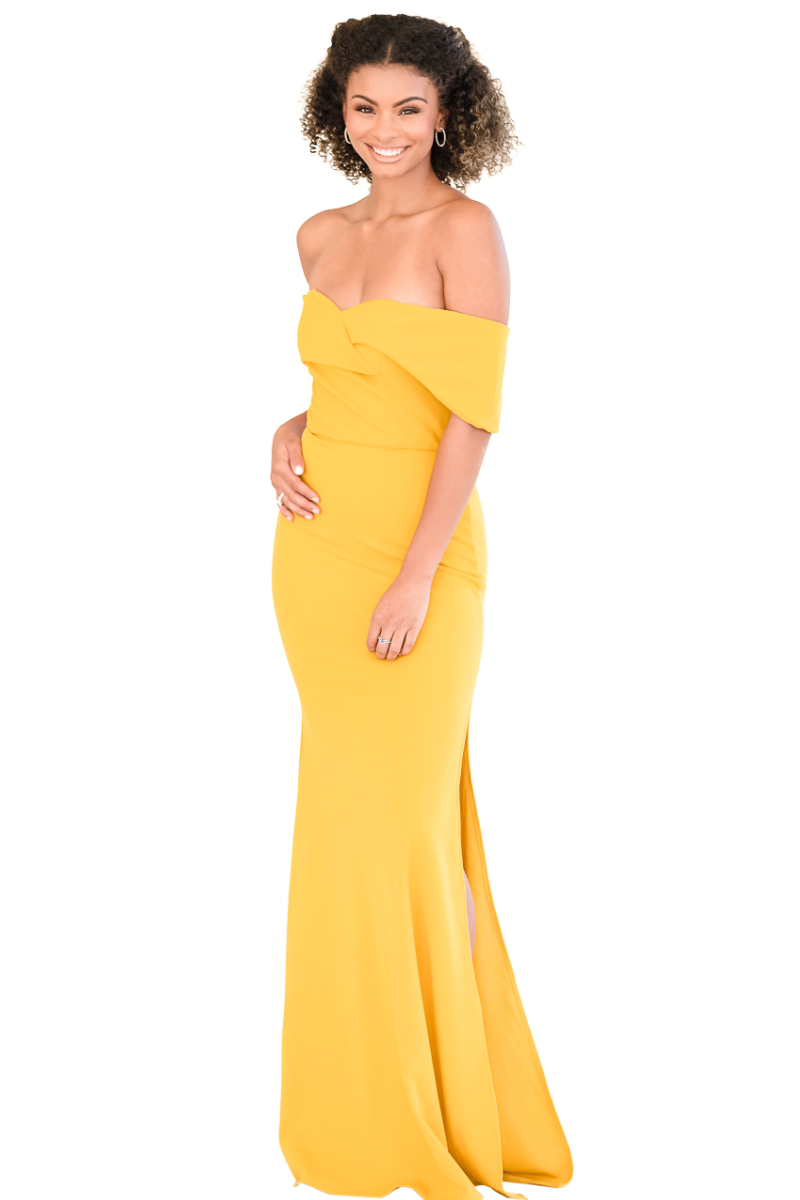 AMANDA off-shoulder mermaid bridesmaid dress with sweetheart neckline and leg slit, by Pia Gladys Perey. Brisbane to Gold Coast.