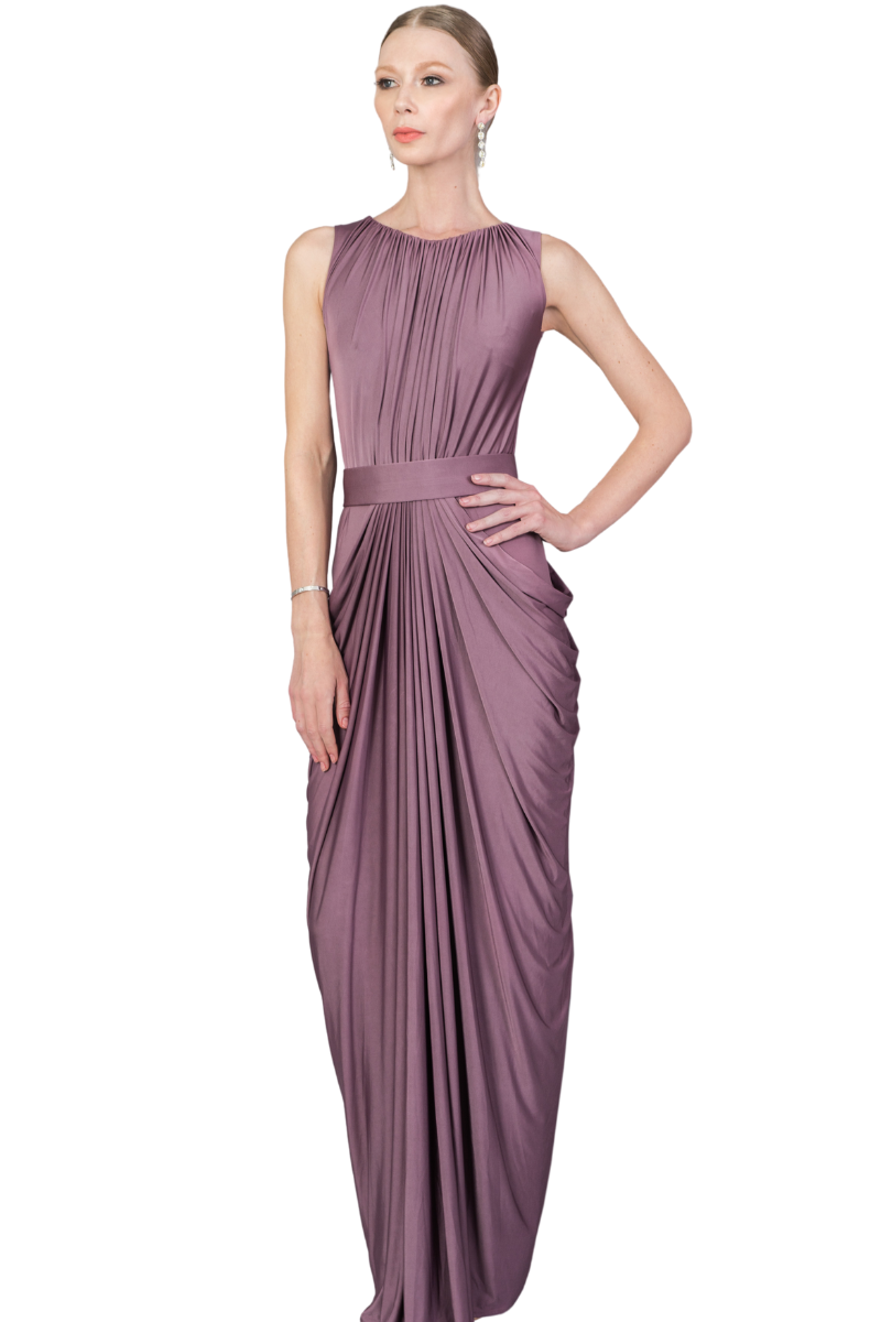 AMBROSIA silk jersey mermaid bridesmaid dress with draped bodice and skirt. Maxi silhouette, elegant gathers. Brisbane to Gold Coast.