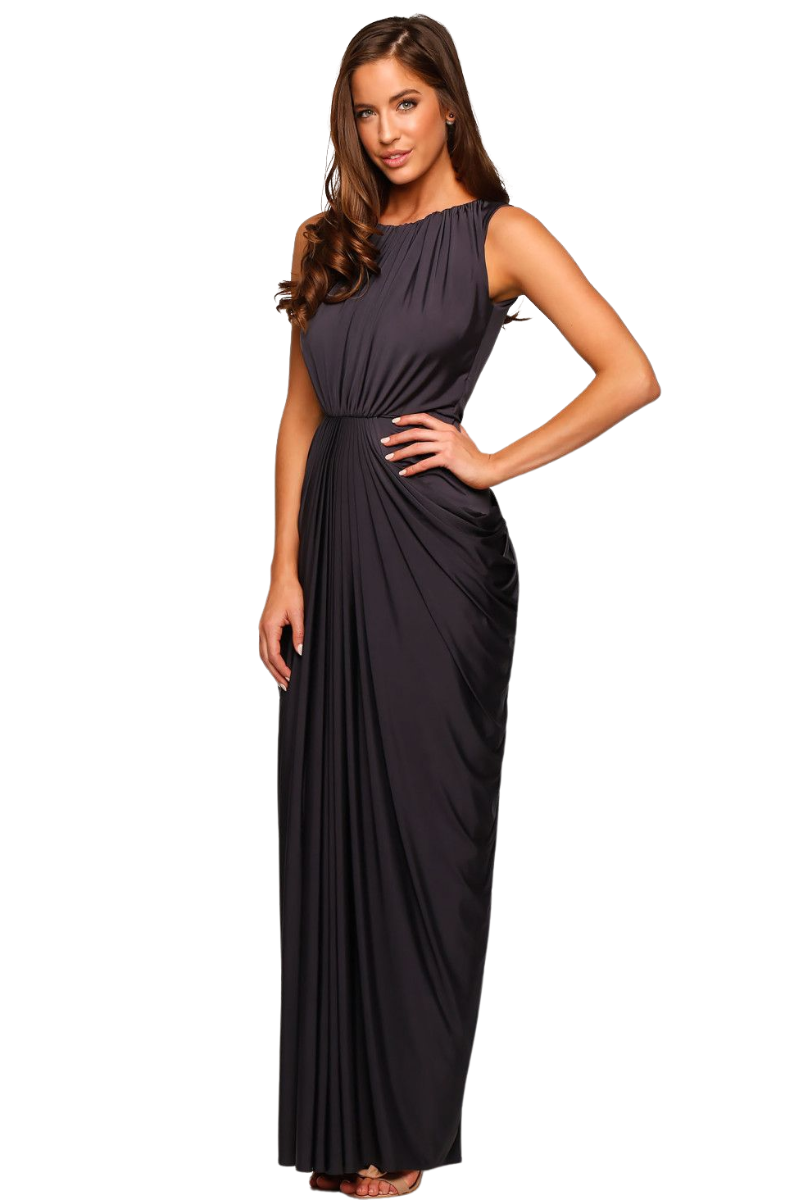 AMBROSIA Silk Jersey Mermaid Bridesmaid Maxi Dress with draped fabric, elastic waist. Elegant silhouette, Brisbane to Gold Coast.