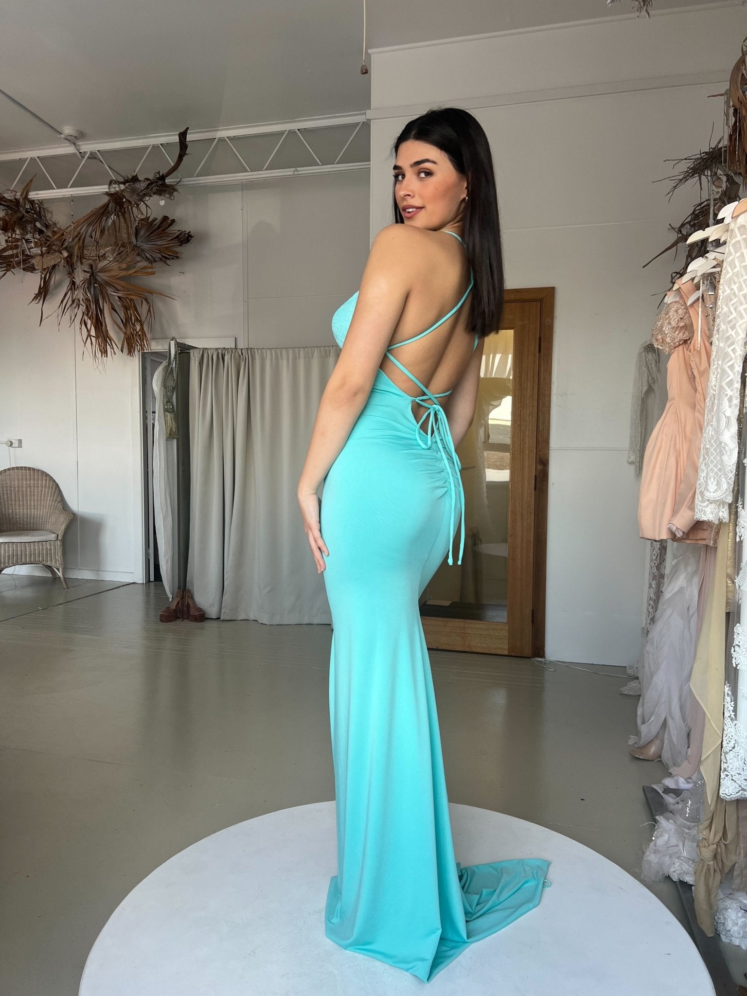 Amy Taylor LACEY Slinky Lace Detail Lace Up Back Mermaid Formal Dress in Australia | One Honey Boutique