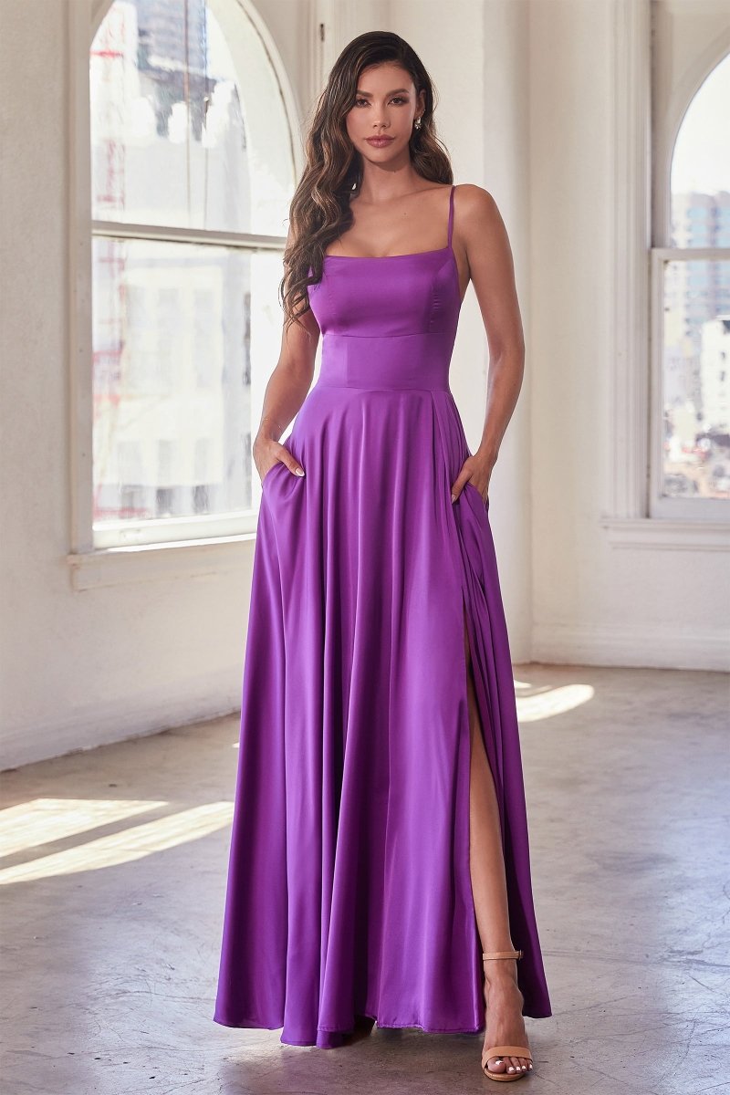 ALEXIA Classic Satin A-Line Bridesmaid Formal Dress with corset-style back and leg slit, perfect for weddings. Brisbane to Gold Coast.