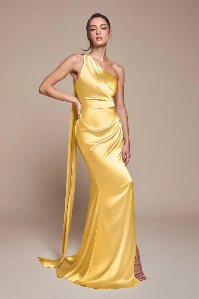 BETHANY One Shoulder Luxe Satin Fitted Bridesmaid & Formal Gown Light Yellow / 8 USA