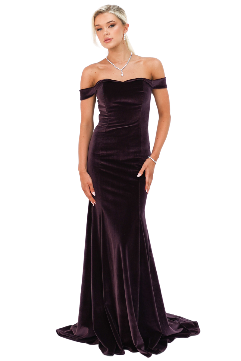 Pia Gladys Perey BRONWYN velvet off-shoulder mermaid bridesmaid dress with sweetheart neckline, Brisbane to Gold Coast.