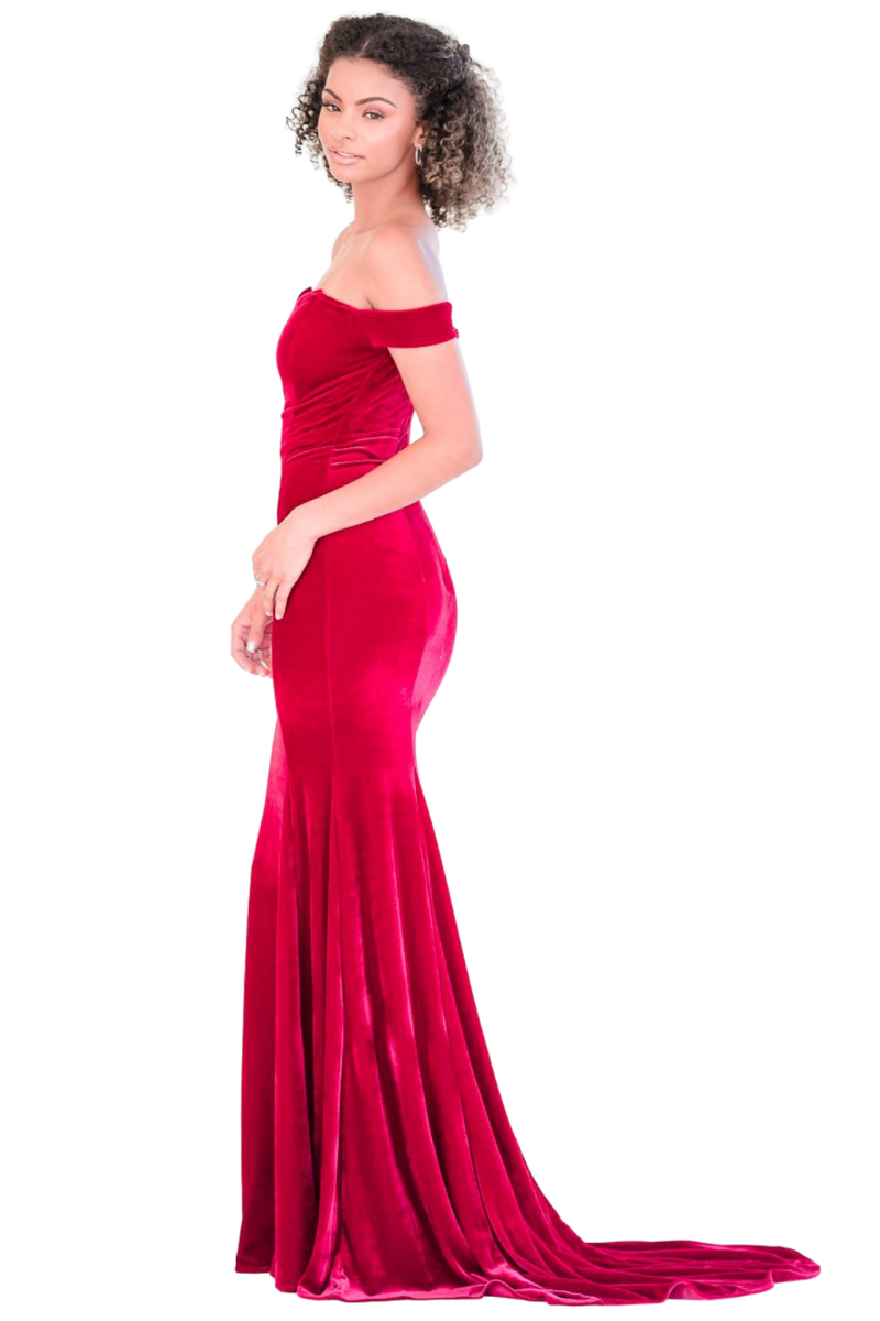 BRONWYN off-shoulder sweetheart neckline velvet mermaid bridesmaid dress with zipper back, suitable for winter bridal parties, Brisbane to Gold Coast.