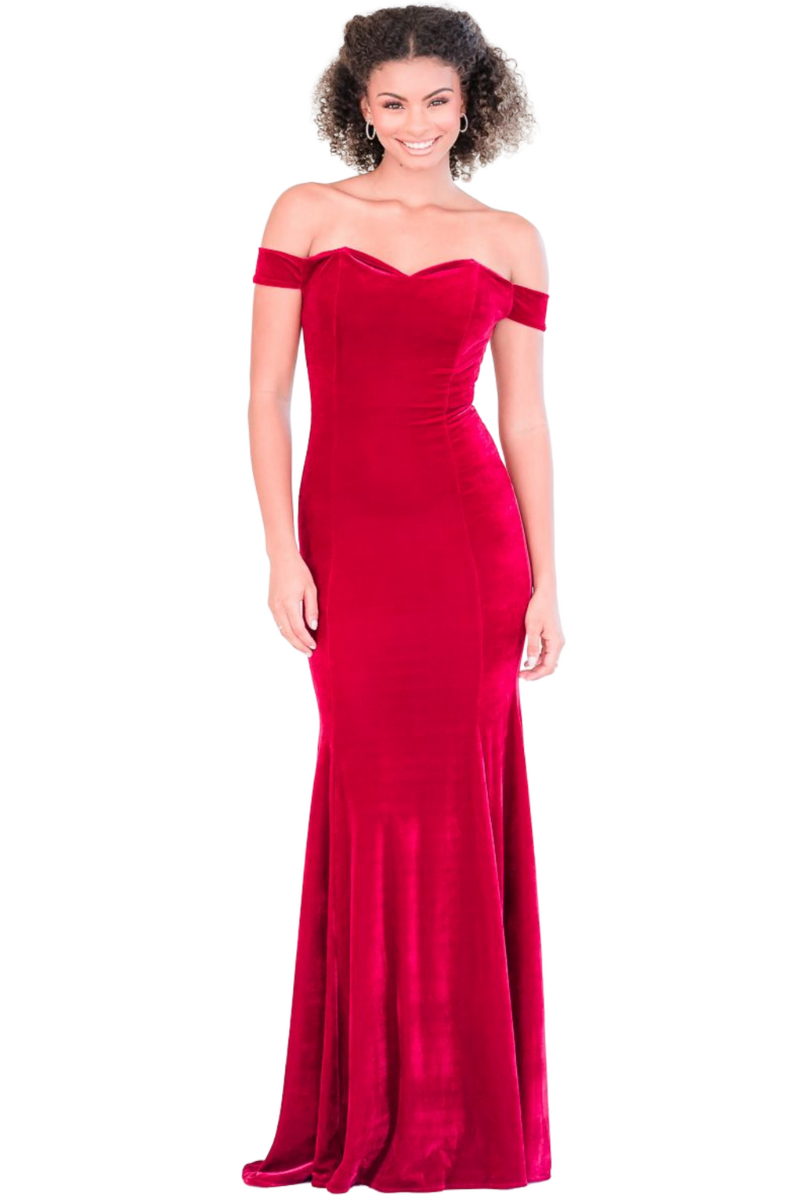 BRONWYN Velvet Off Shoulder Mermaid Dress with sweetheart neckline, formal bridesmaid gown. Brisbane to Gold Coast, Australia.